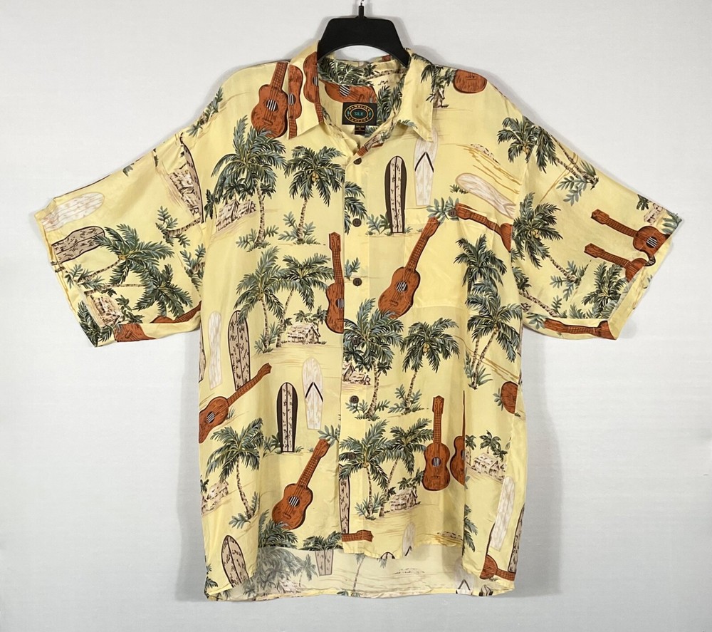 Hawaiian Silk Co Shirt Mens XL Yellow Button Up Ukulele Palm Trees Short Sleeves