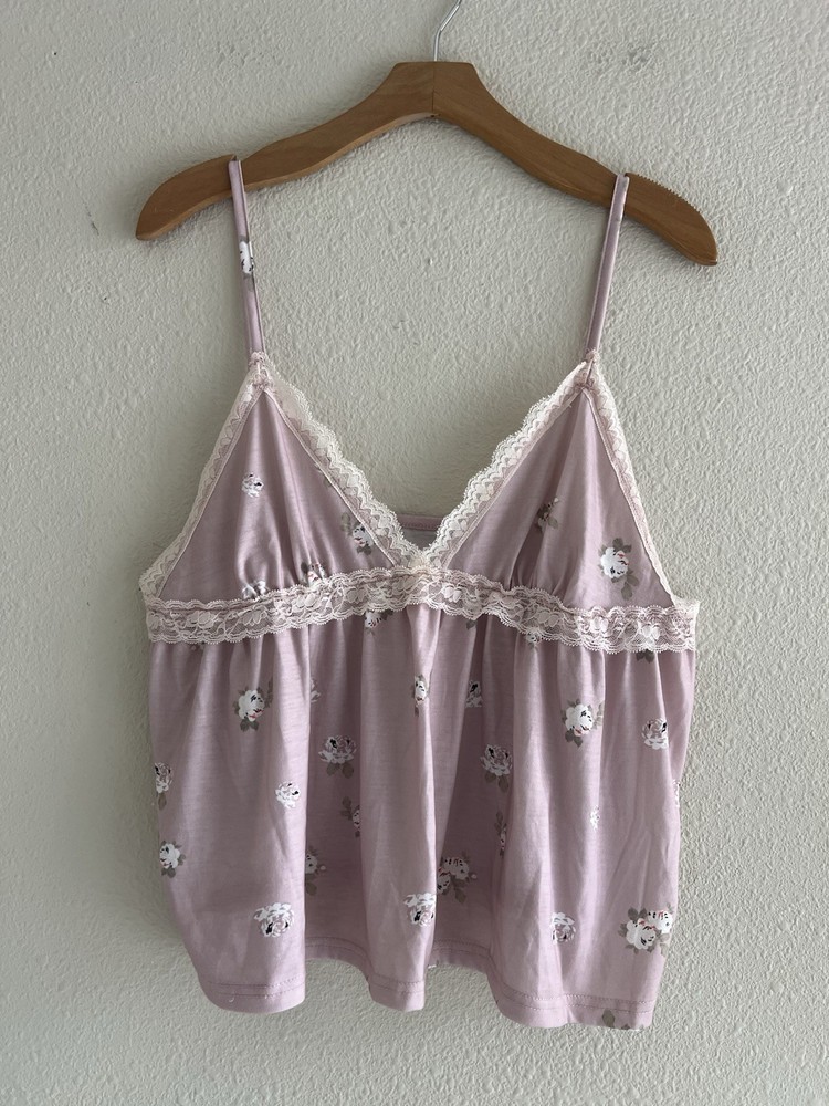 Pink Floral Lace Trim Cami Babydoll Tank Top XL Jr. Coquette Cottagecore Boho