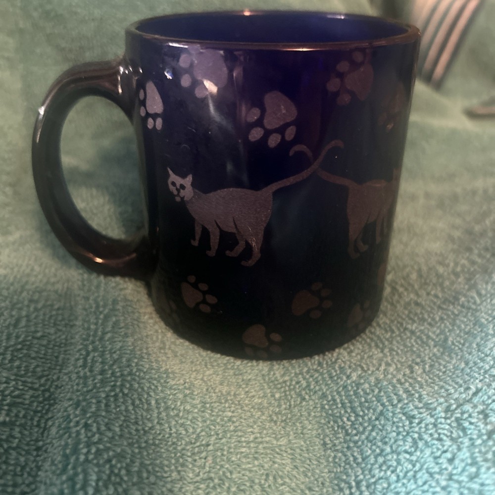 Cobalt Blue Glass Mug- Etched Cats Made In USA