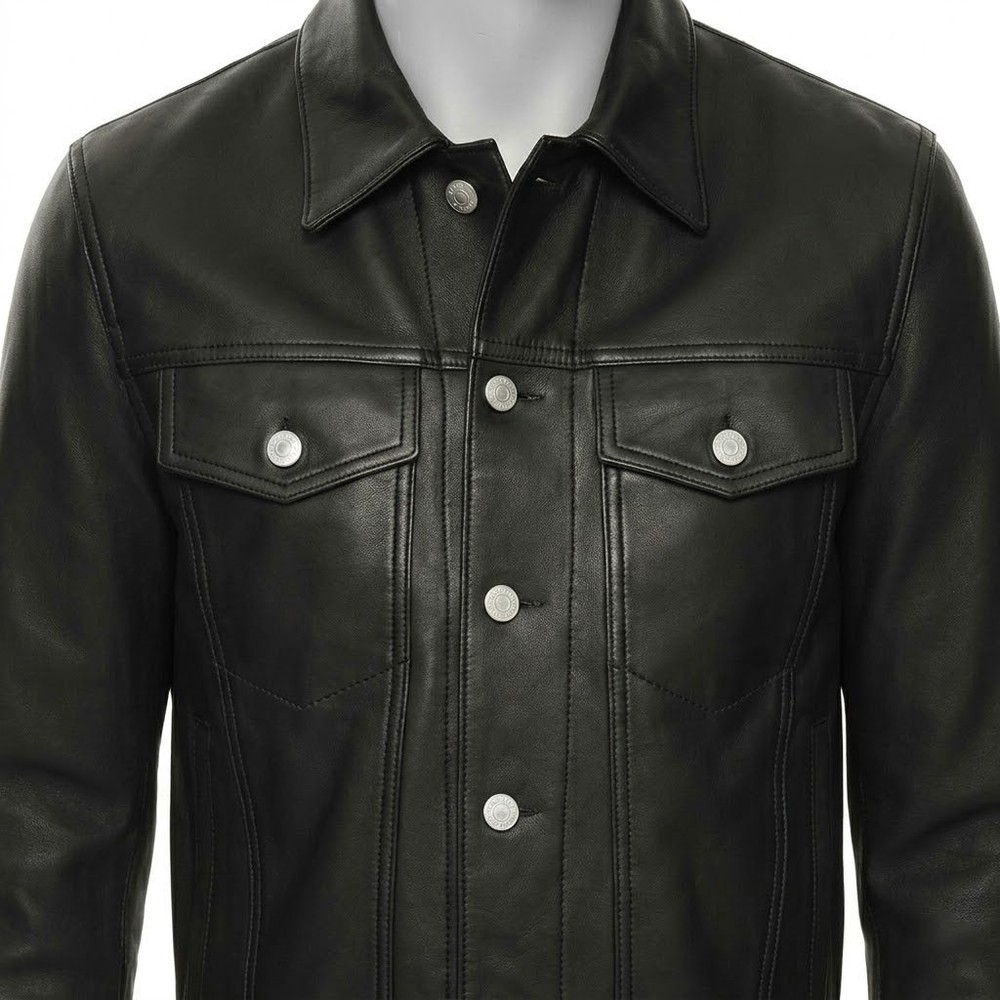 Men's Black Real Sheepskin Leather Jacket Trucker Jean Style Western Biker Shirt