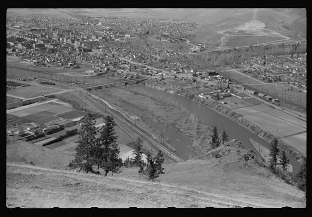 Photo:Missoula Montana 1942 Aerial River Valley Railroad View