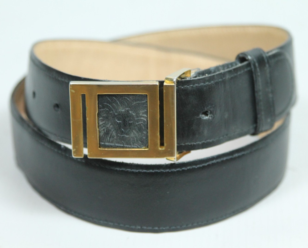 Vintage ANNE KLEIN for Calderon Black Leather Belt w/ Gold Lion Buckle S