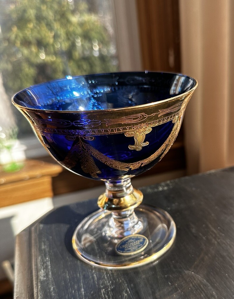 Italian Interglass Cobalt Blue & 24ktGold Decorated Raised Bowls / Compotes - 5