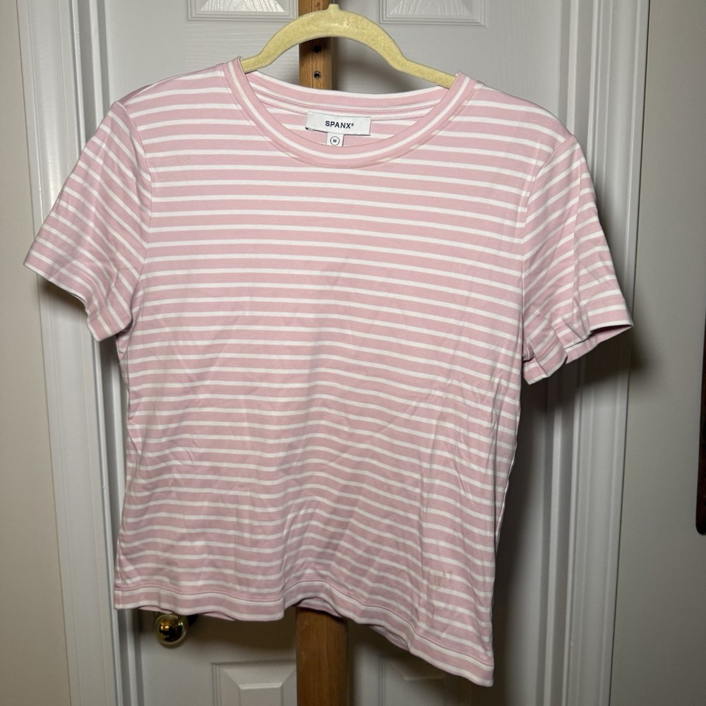 Spanx Women Striped T Shirt Pink White Size Medium Short Sleeve Crop Basic