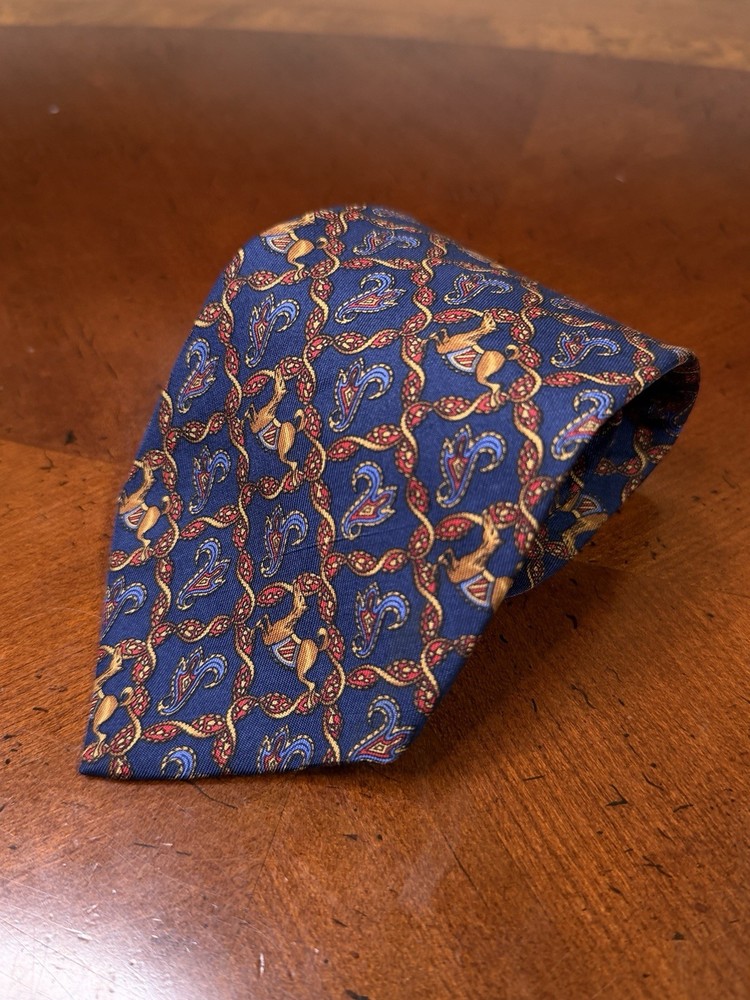 Salvatore Ferragamo Men's Silk Tie With Animal And Chain Pattern Made In Italy