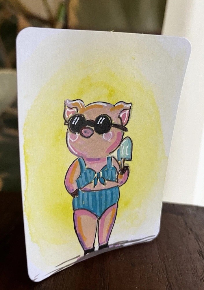 ACEO Original Summer Pinup Pig painting ATC OOAK Cottagecore Whimsical Art