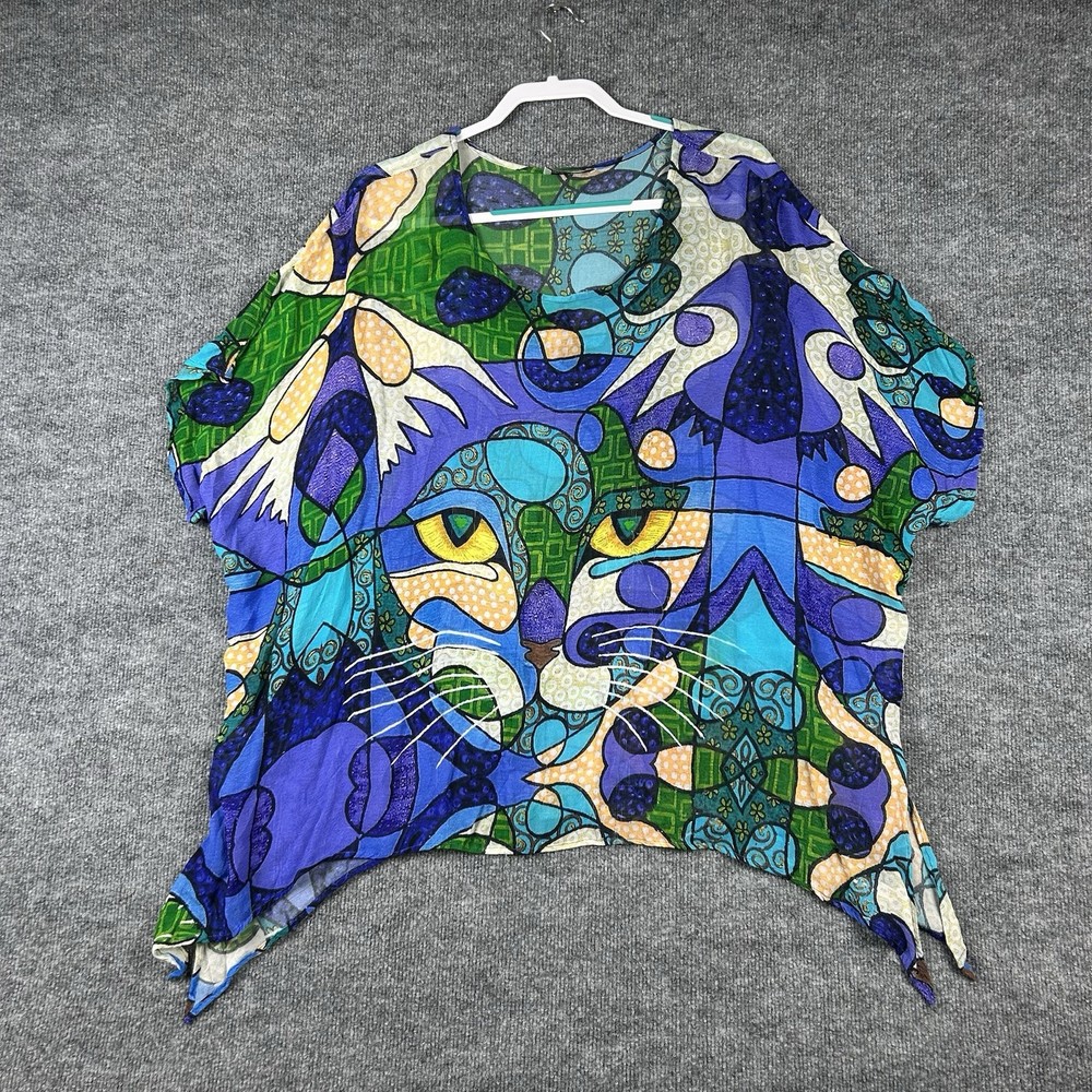 Oversized Cat Face Graphic Tunic Top Blue Green Abstract Art Flowy Boho-image
