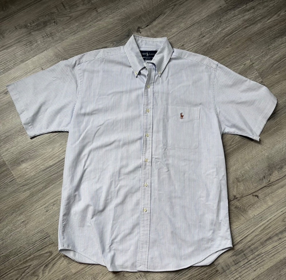 Polo Ralph Lauren Striped Oxford Shirt Mens M Short Sleeve Blue White Flesh Pony