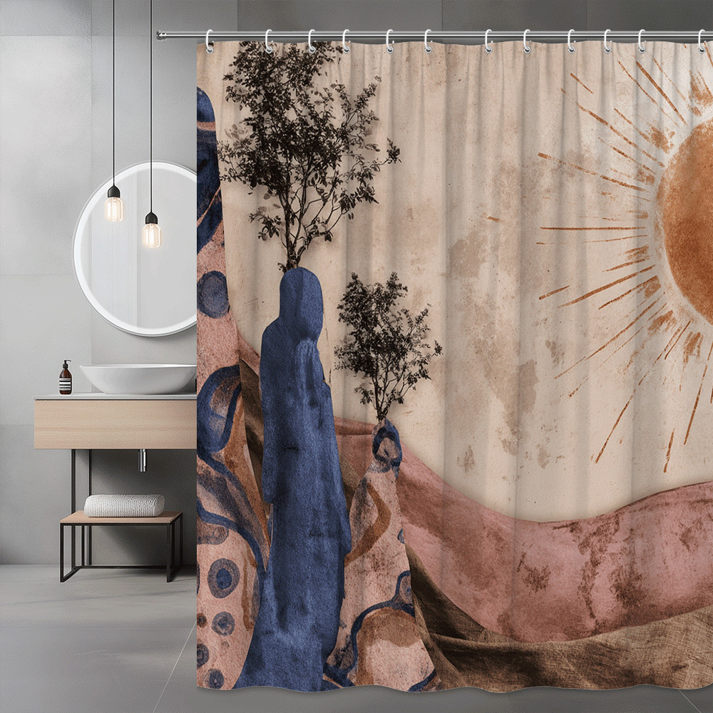 Boho Abstract Landscape Shower Curtain Sun Trees Desert