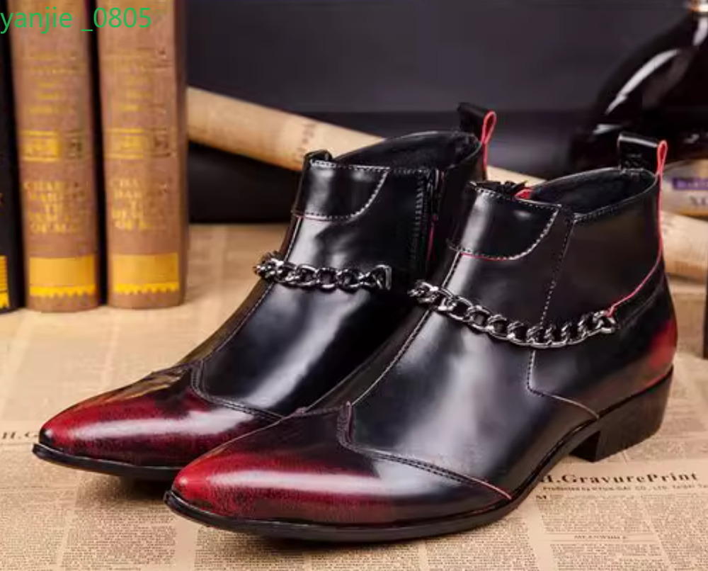 Men Leather Ankle Boots Pointed Toe Dress Shoes with Block Heel Zipper British Style