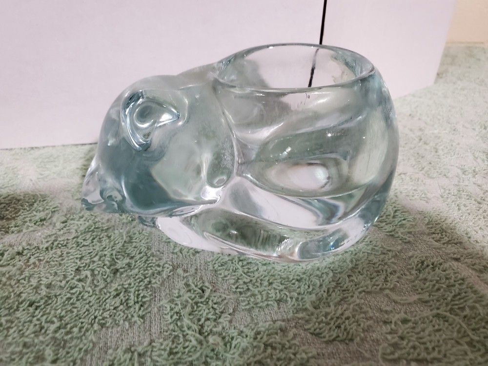 Vintage Avon Clear Glass Sleeping Kitty Cat Votive Candle Holder 4.5 Inch