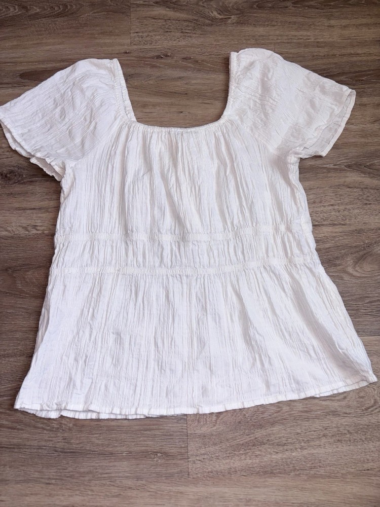 Women’s White Square Neck Smocked Short Sleeve Top Size Large