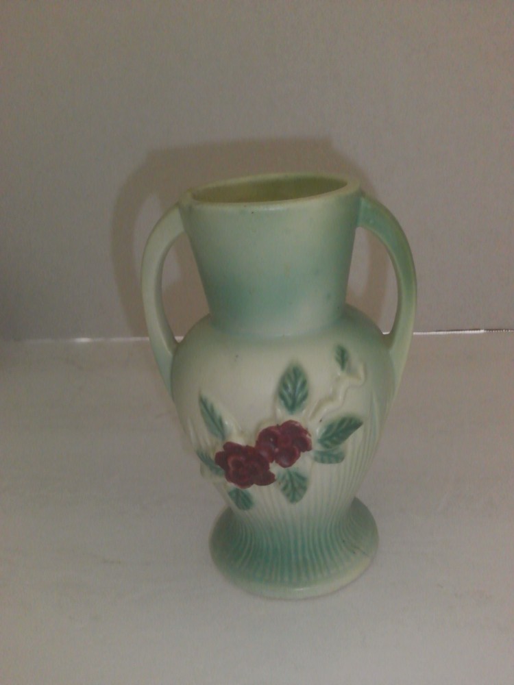 Weller Pottery Double-Handled Flower Vase Green w/Red Rose 5 1/2''