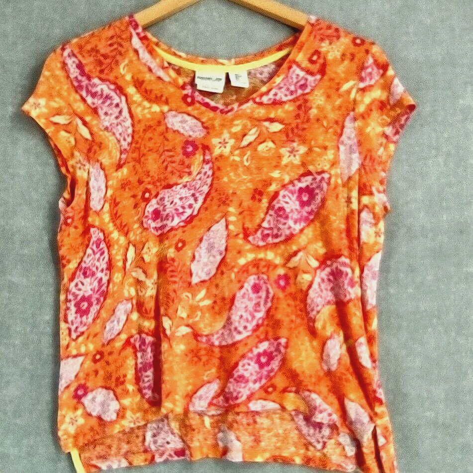 Rachel Zoe Top Womens Large Orange Linen Bohemian Paisley V-Neck Cap Sleeve