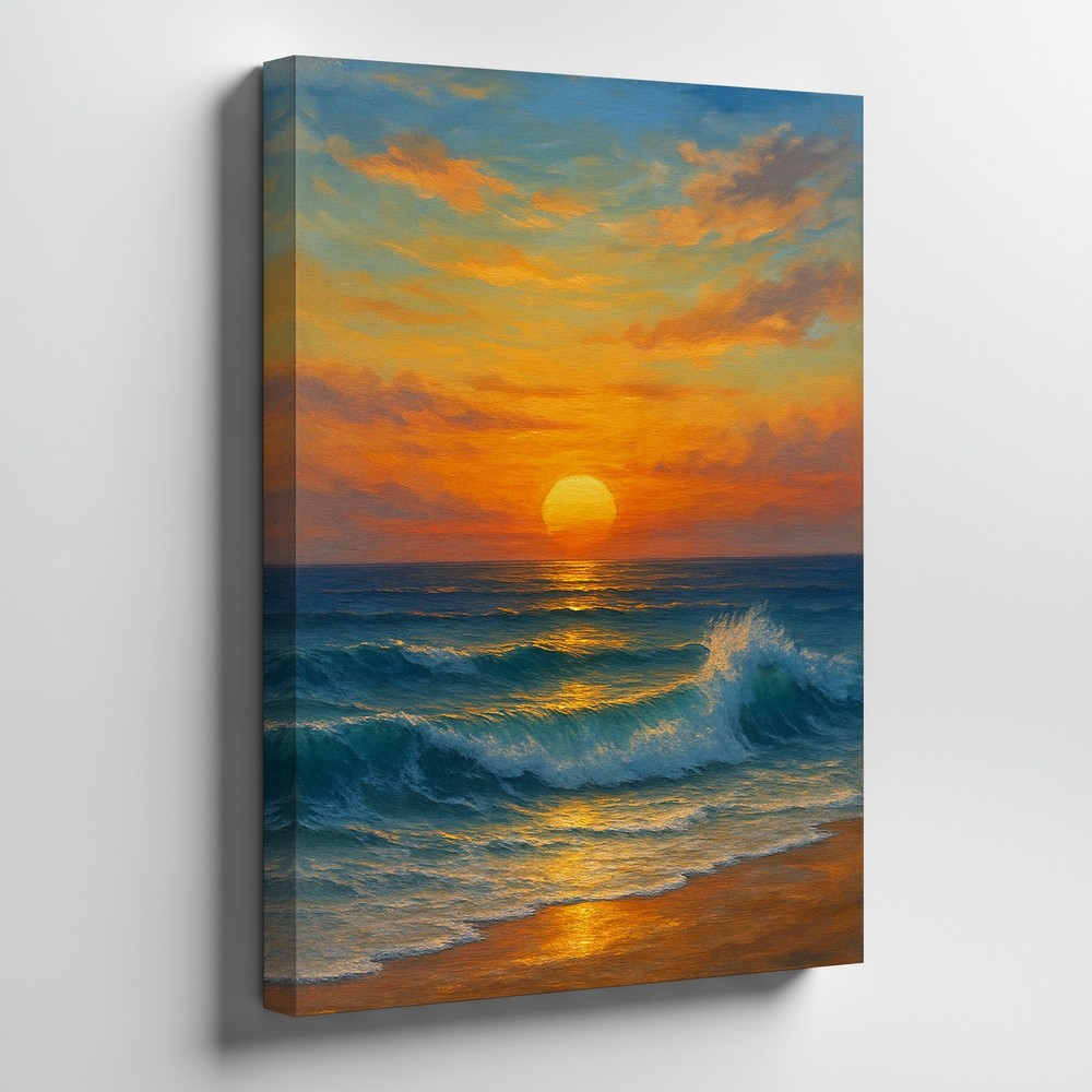 Sunset Ocean Waves Canvas Wall Art Coastal Beach Seascape Marine Decor Painting