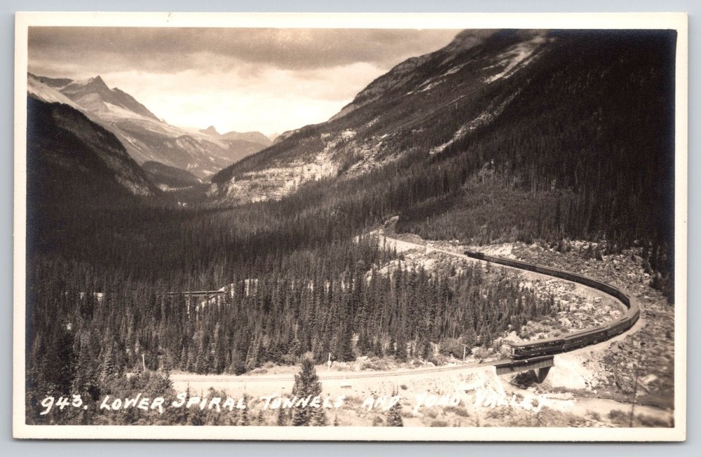 Lower Spiral Tunnels Yoho Valley BC Byron Harmon RPPC Train Passing Postcard