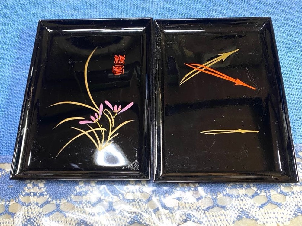 Lacquerware Tray Set of 2 Celebration Decorative Japanese Antique