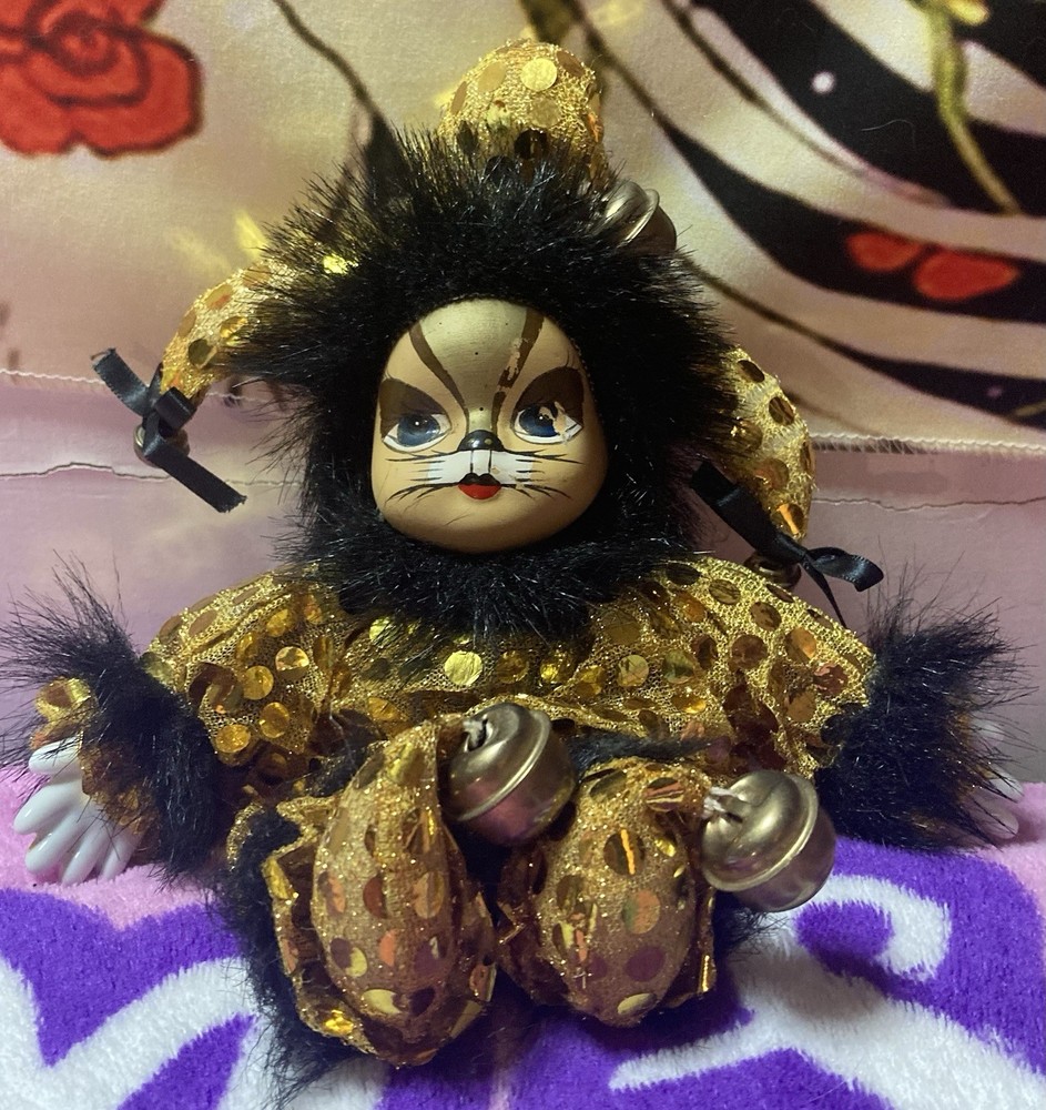 Vintage Lion Gold Clown Cat Doll with Porcelain Head and Soft Body 6 Inches