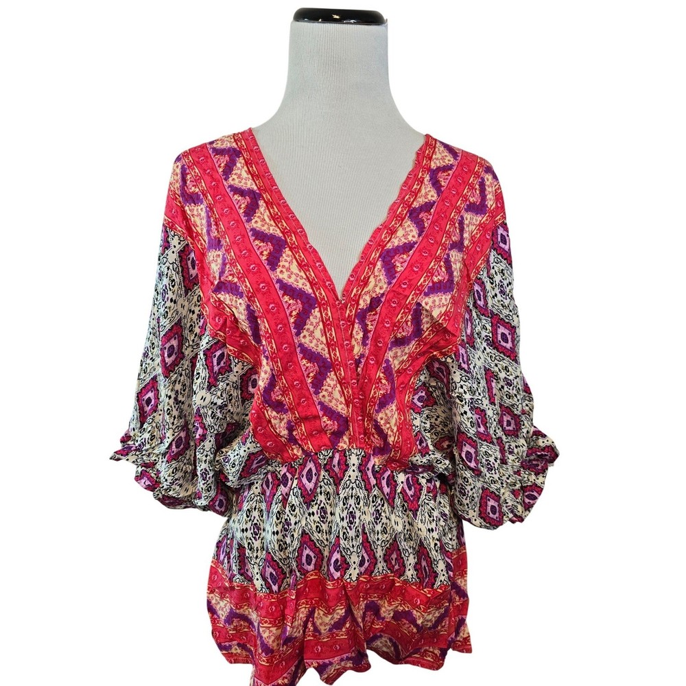 Umgee Boho Pink Geometric Ikat Print V-Neck Tie Back Peplum Blouse K3338  M