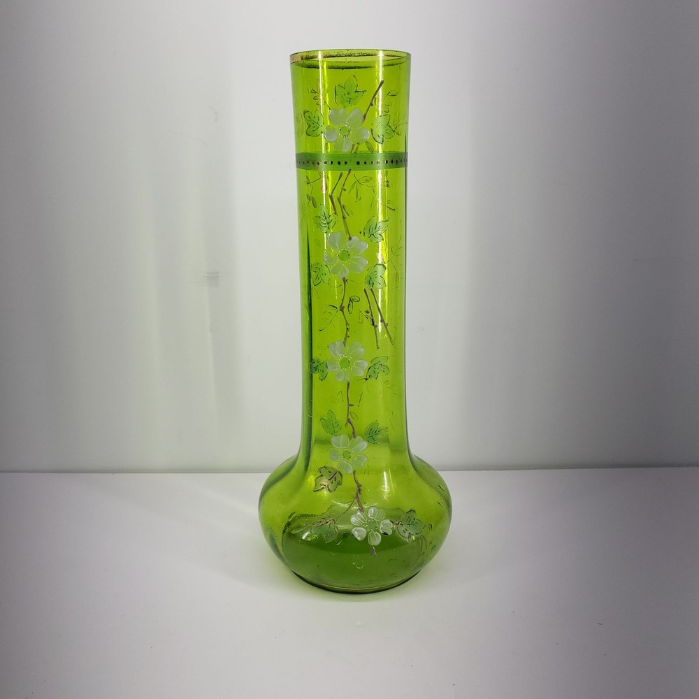 Green Art Glass Vase, Hand Painted White Flowers, 12.5