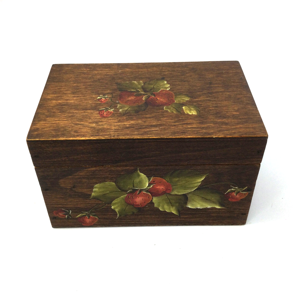 Vintage Wooden Small Trinket Keepsake Box Hand Painted Strawberries