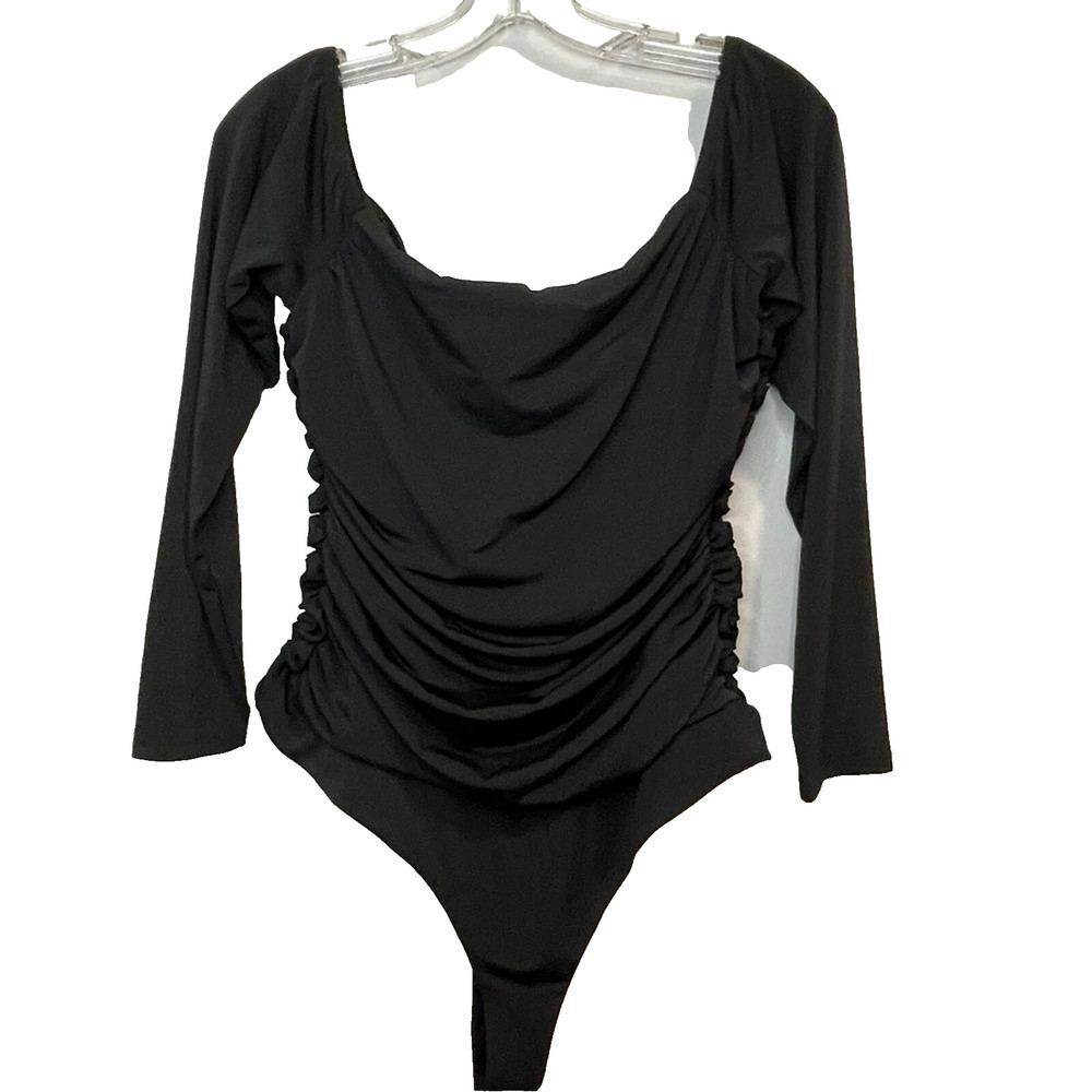 AFRM Revolve Ruched bodysuit long sleeve black off shoulder Size Small NWOT