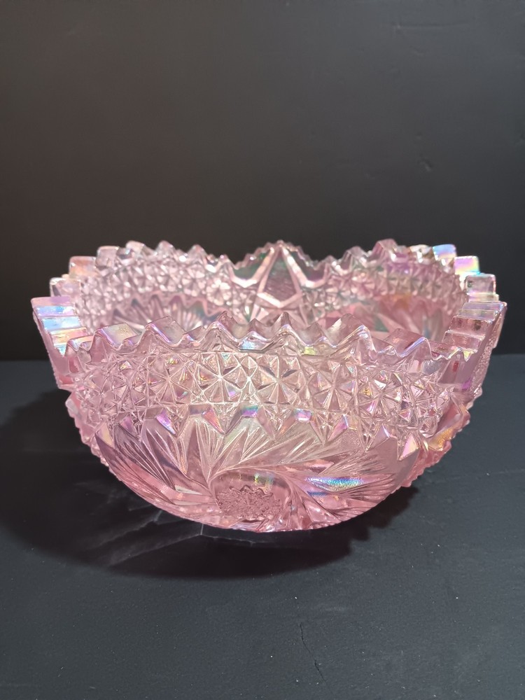 Vtg. Carnival Cut Glass Iridescent  Pink Comet In The Stars Saw Tooth Bowl RARE