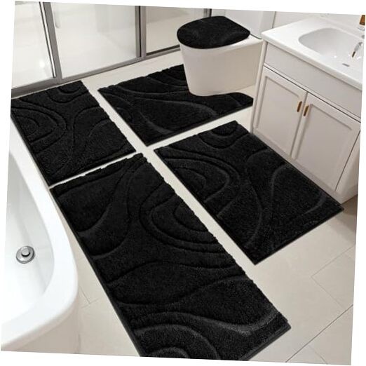 HEBE 5-Piece Soft Absorbent Microfiber Bathroom Rug Set with Non-Slip Bath Mat