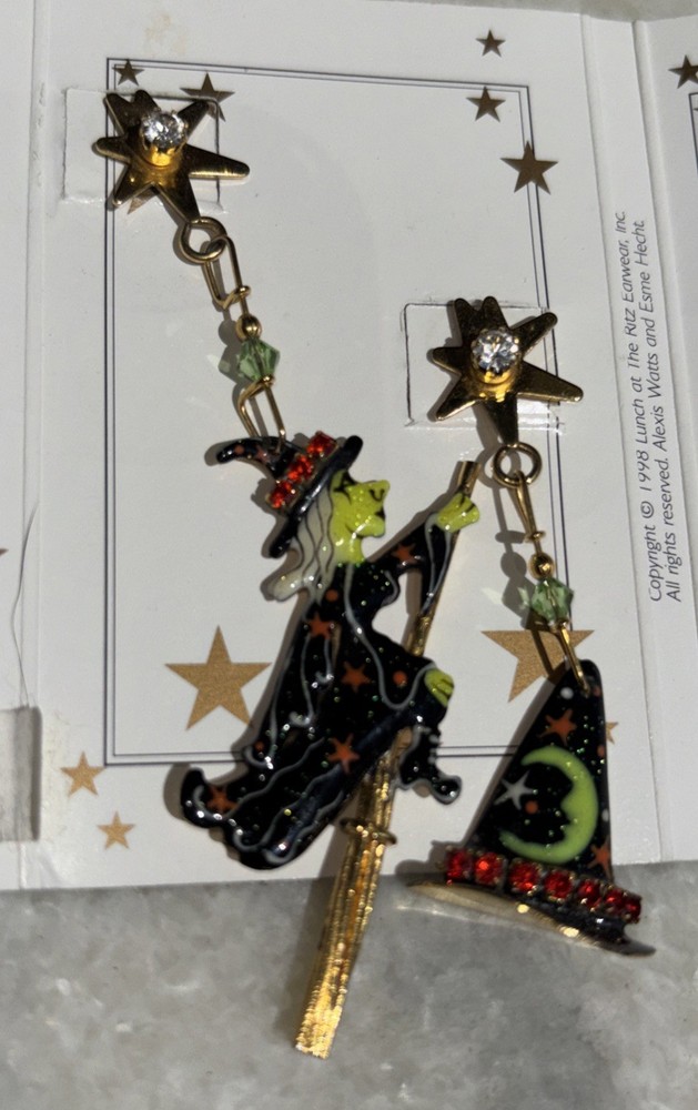Lunch at the Ritz enamel which snacks pierced earrings Halloween witch hat