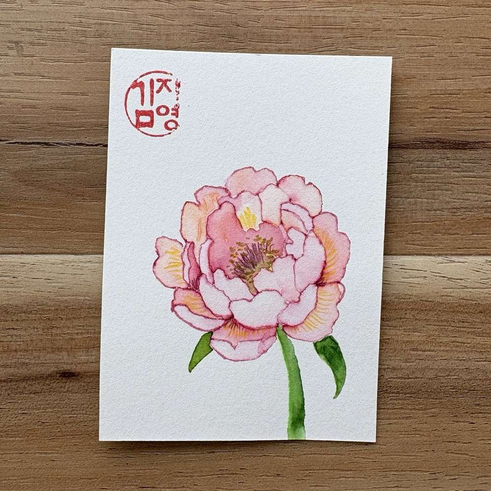 ACEO Original Watercolor Painting Pink Peony Metallic Detail 2.5x3.5 by Jiyoungz