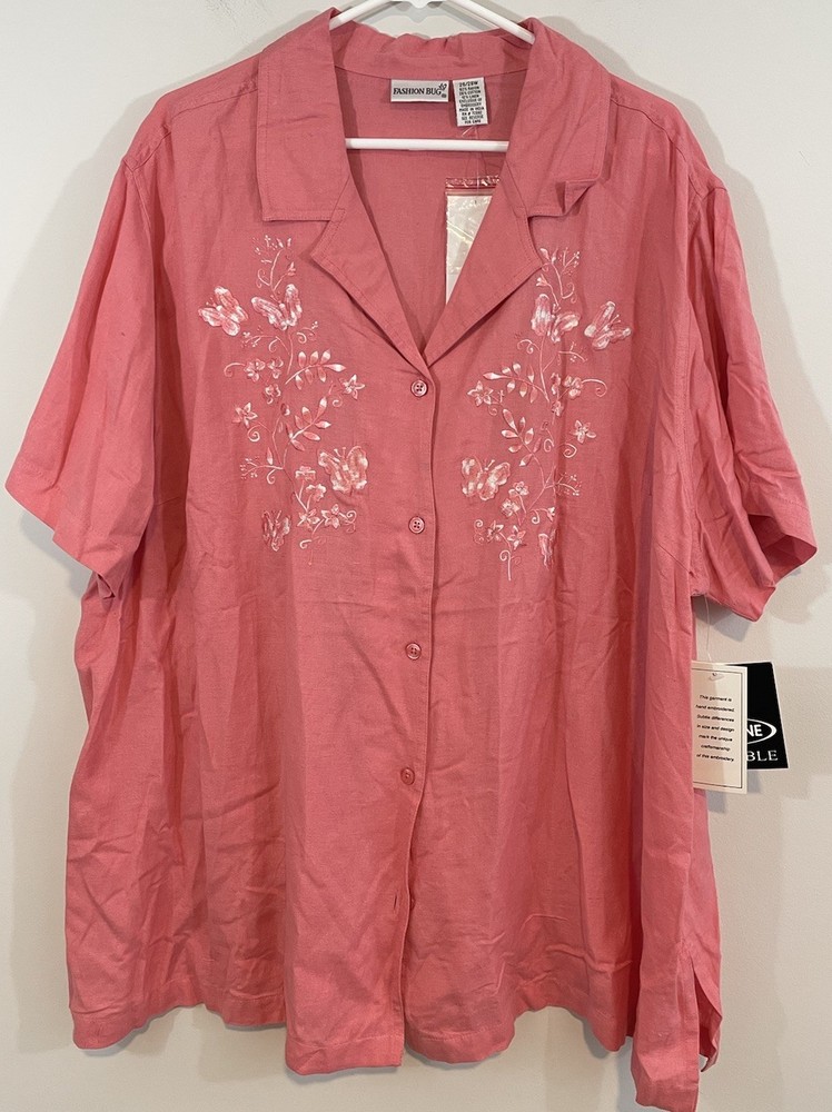 Fashion Bug top blouse womens 26W/28W linen Embroidered Floral Cottagecore new