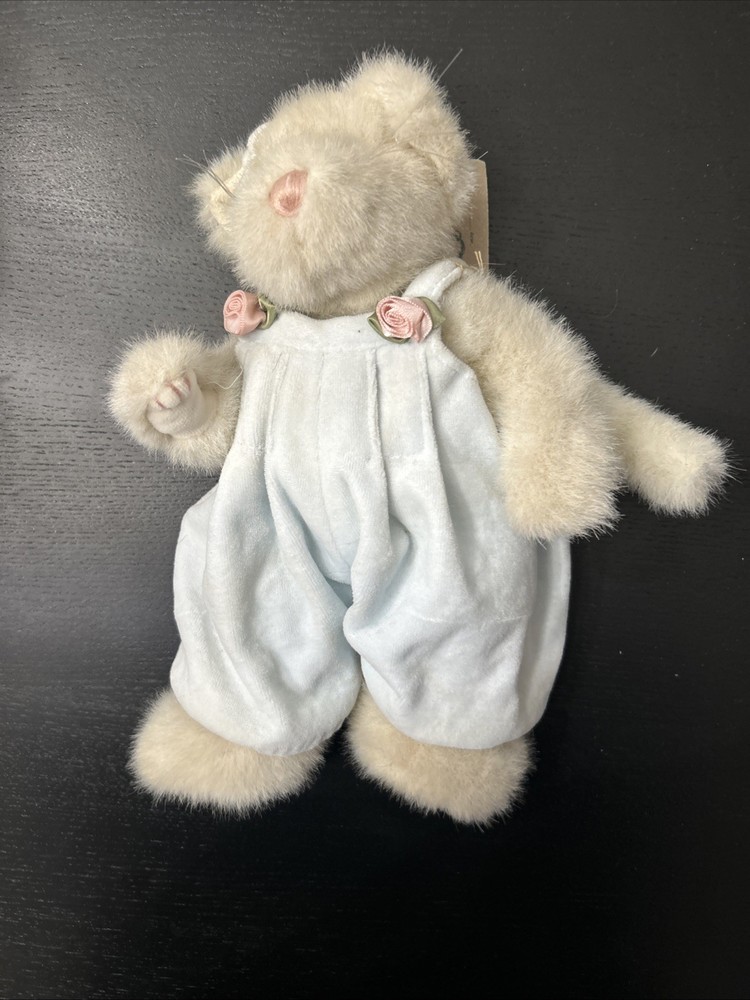 Boyds Bear Investment Collection Cat In Light Blue Overalls With Pink Rosebuds