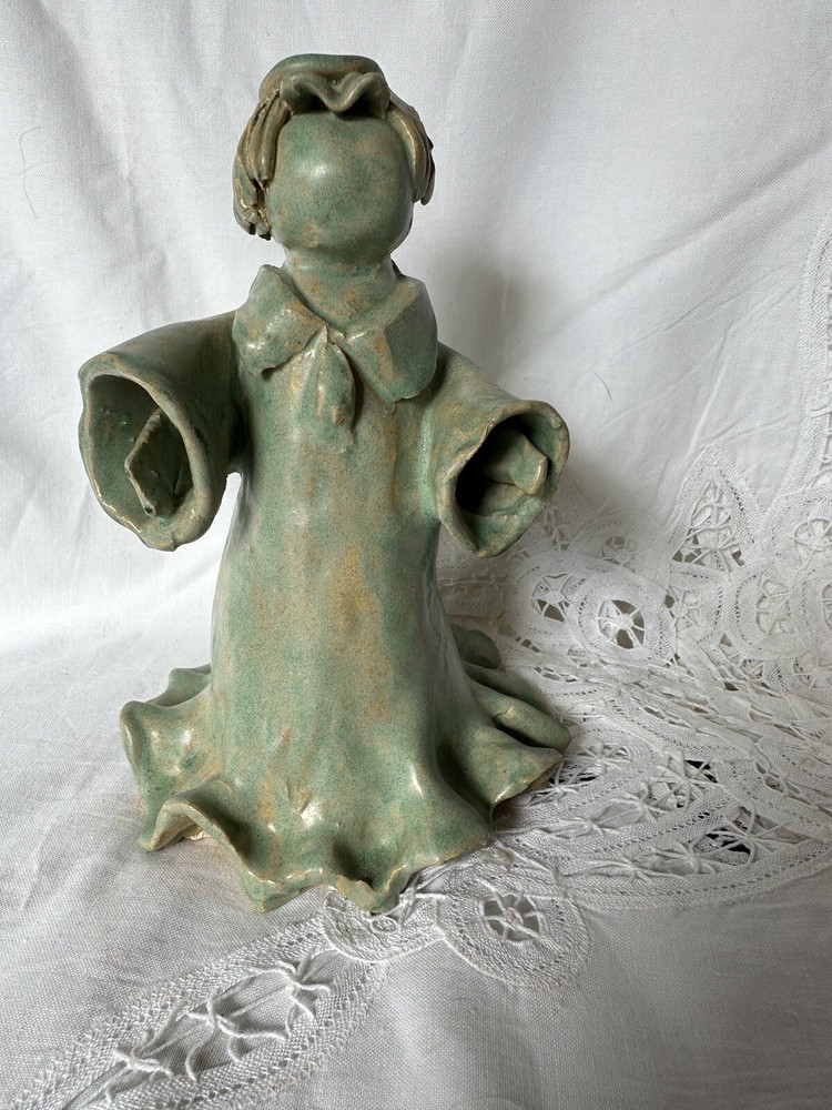 Studio Art Pottery Angel With Halo Figurine Statue Abstract Light Blue Signed-image