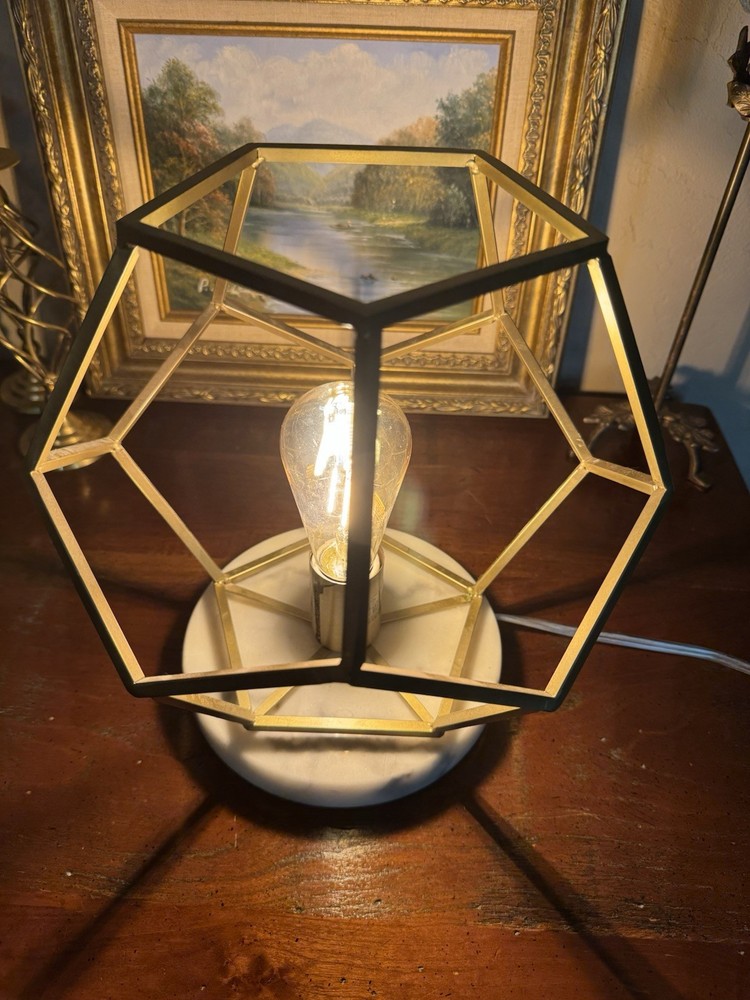 Modern Geometric Cage Table Lamp Gold Brass White Marble Base Industrial Glam