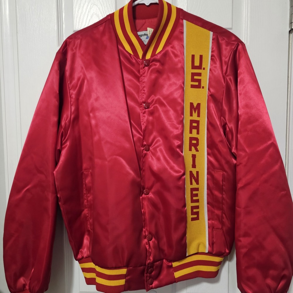 VTG US Marines Jacket Men Medium Red Yellow Chalkline Satin Bomber Swingster 80s