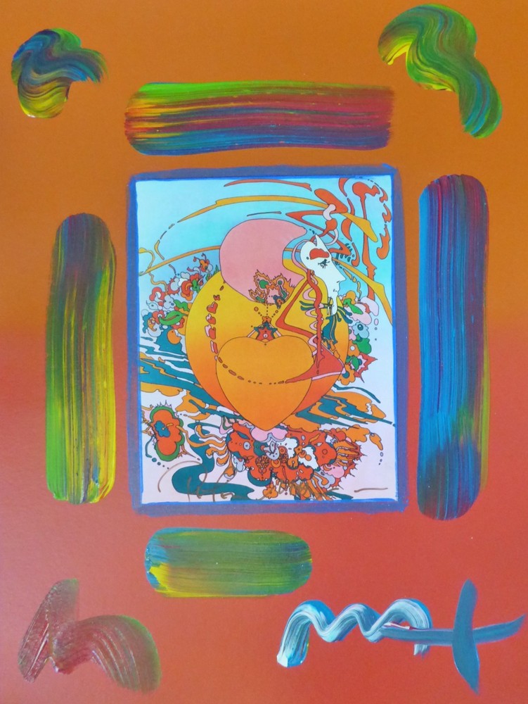 PETER MAX  ORANGE HEART Unique Mixed Media with Acrylic  paper Hand signed COA