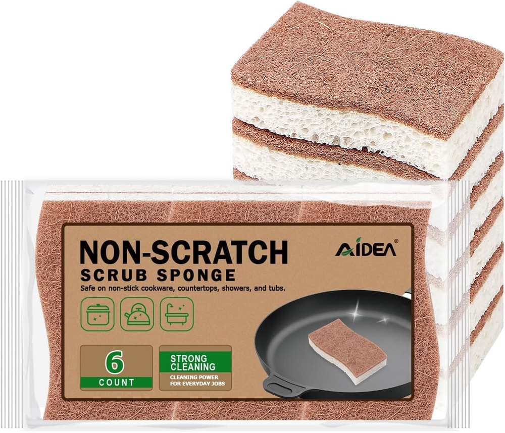AIDEA Non-Scratch Natural Sponges for Dishes, 6-Pack, Stick Brown