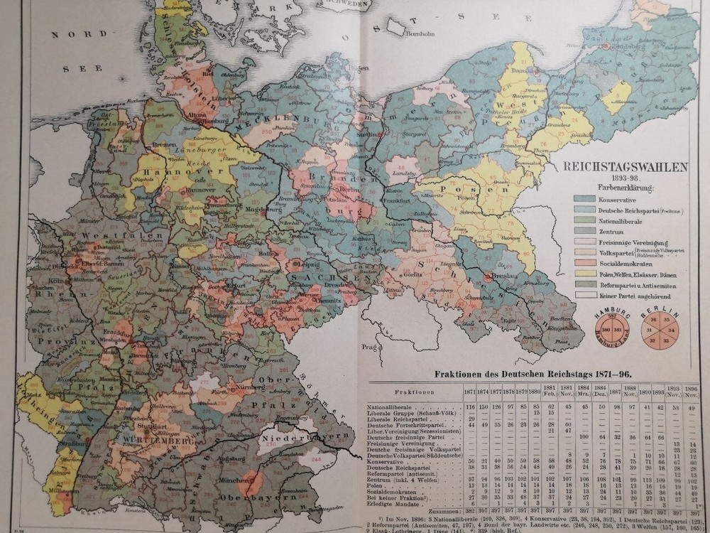 1896 Elections In The German Empire Vintage Geography Map ORIG 11.5 x 9.5 C18-1