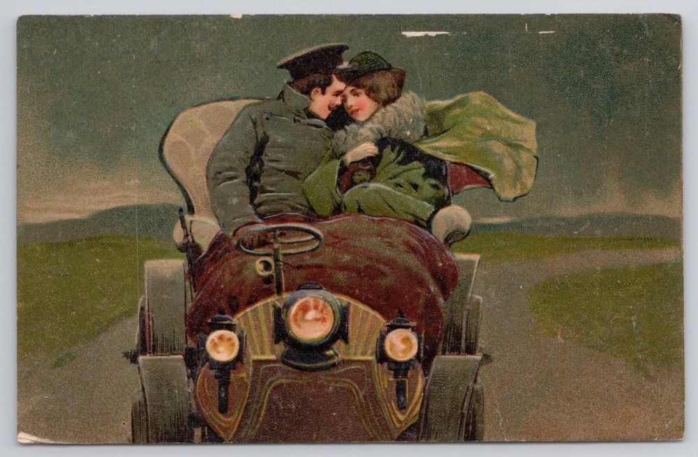 1910 Antique Postcard Couple in Early Automobile Romantic Art Posted