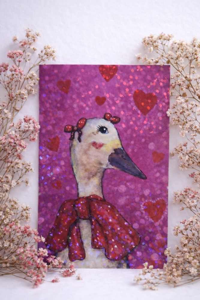 Original Art Fridge Magnet Mini Duck Print Pink Hearts Glitter 2.1x3.15