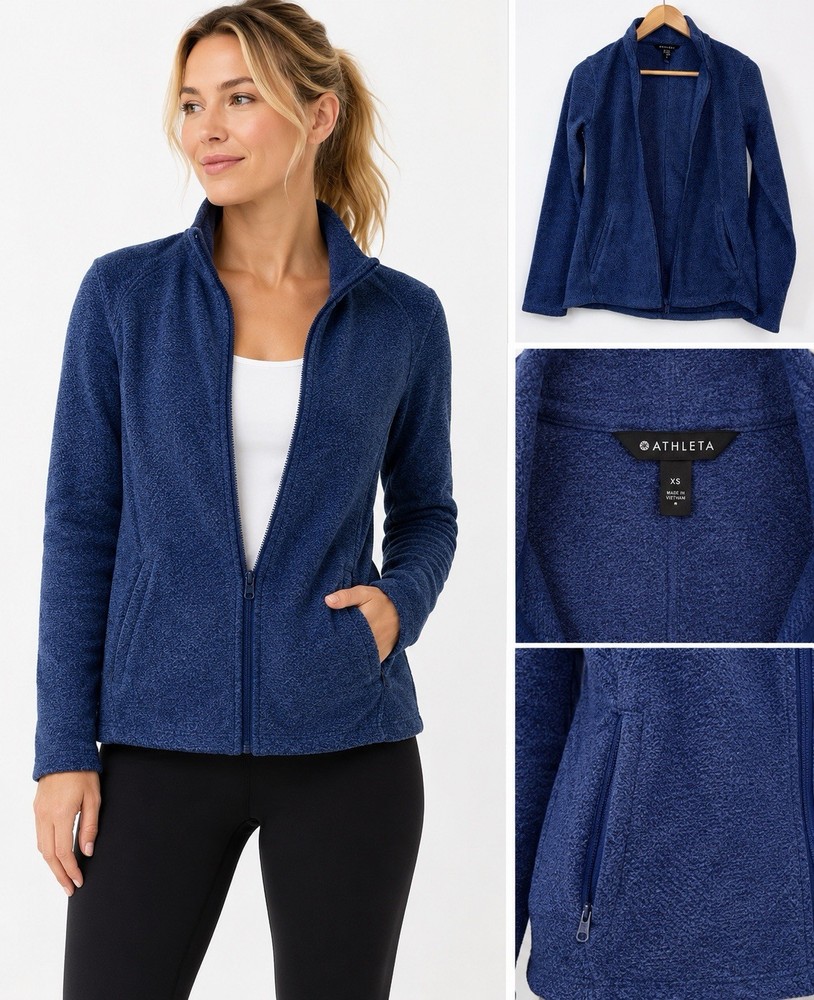 Athleta Stroll Fleece Jacket Womens XS Blue Full Zip Cozy Athleisure