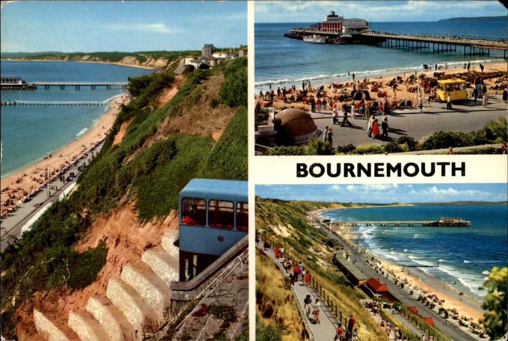 Bournemouth Dorset Co England beach bridge pavilion aerial views 1974 postcard