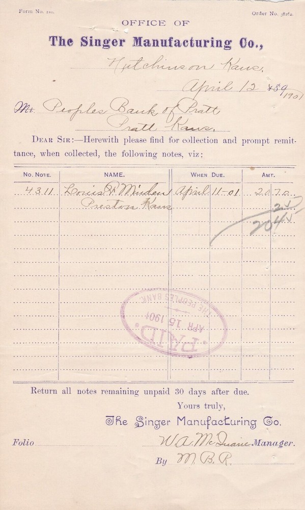 U.S. The SINGER MANUFACTURING CO, Hutchinson, Kansas. 1901 Paid Invoice Rf 45381