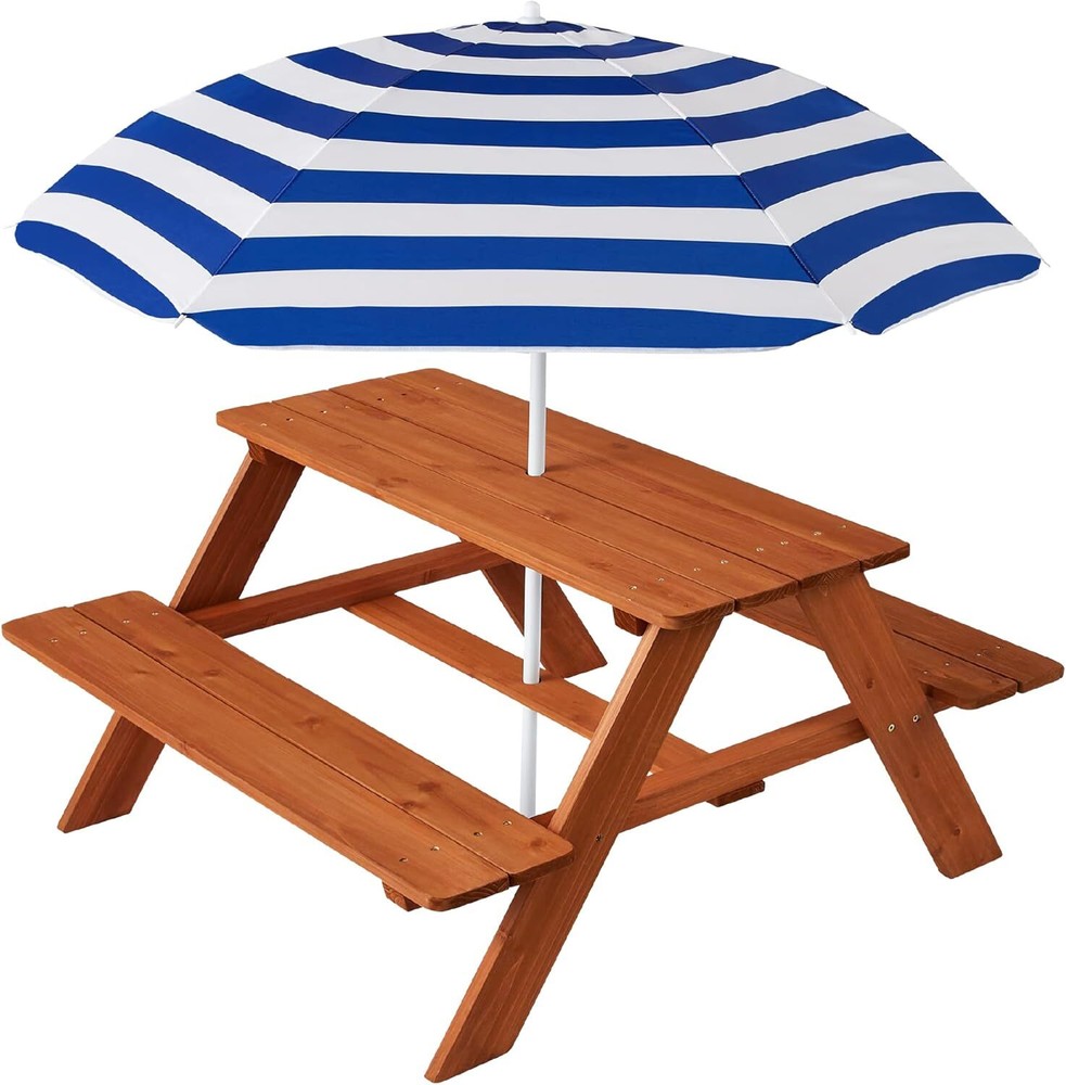 Kids Wooden Picnic Table with Collapsible Umbrella for Outdoor Dining & Play  
