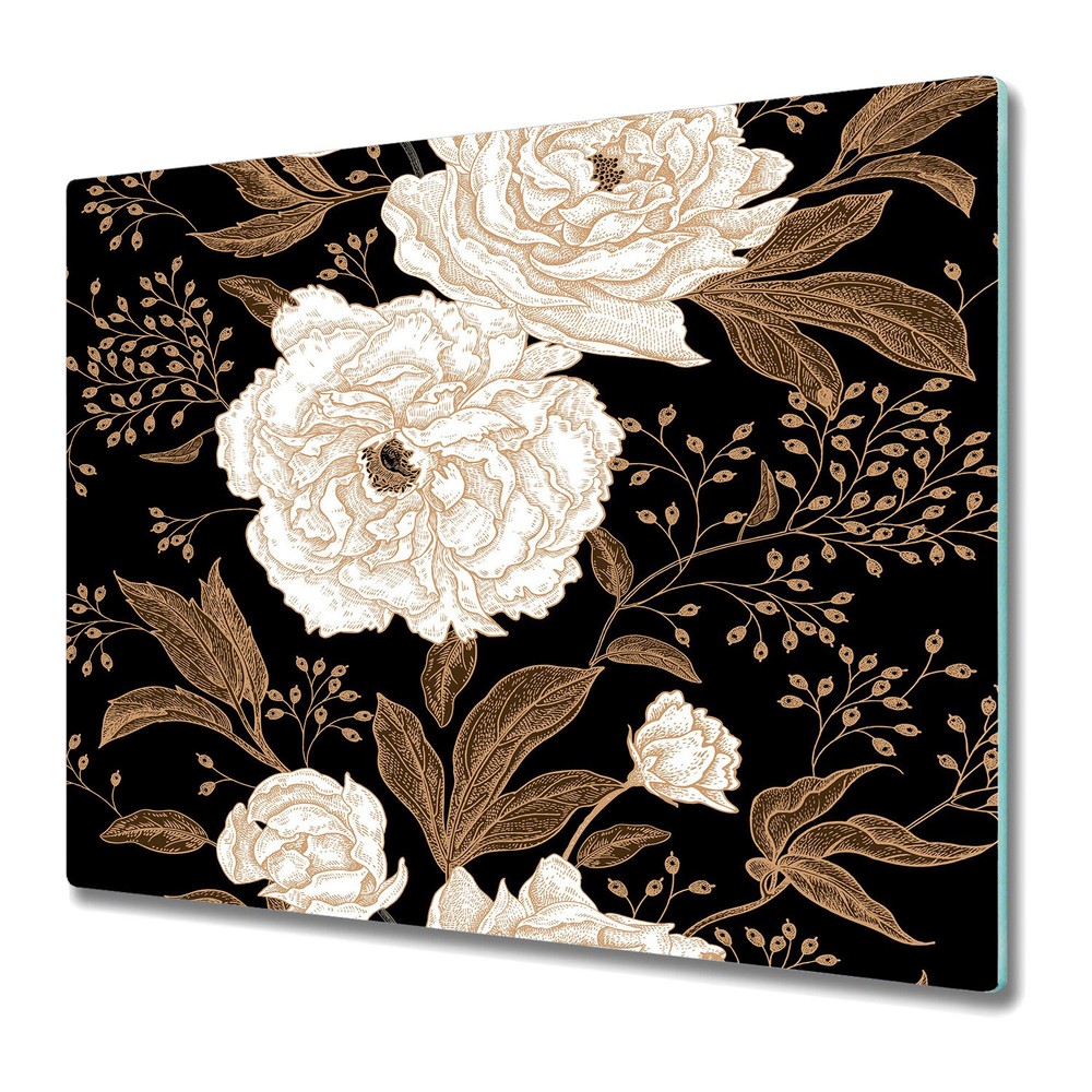 Glass Kitchen Chopping Board Worktop Saver Rose brier brown and white 60x52