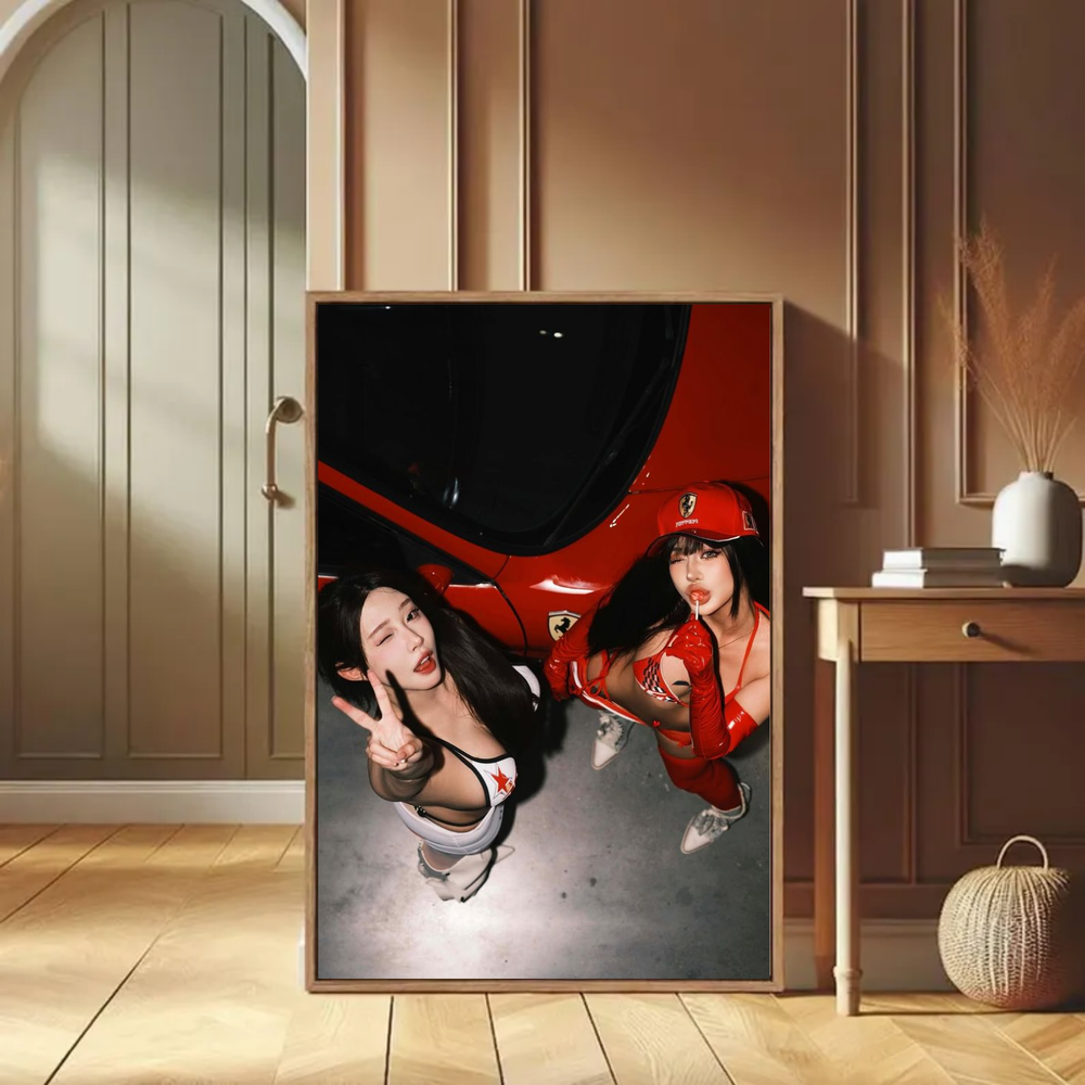 Ferrari Poster Sexy Girl Model Race Car Pinup Garage Wall Decor