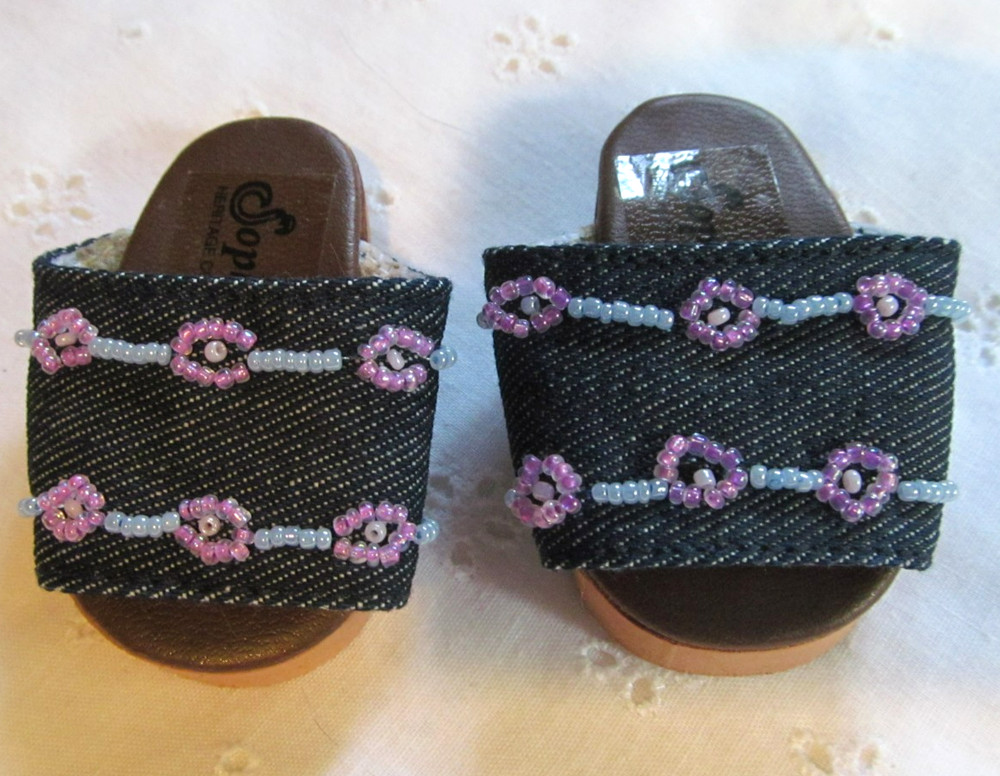 Denim Sandals with Lavender Bead Flowers Fits 18