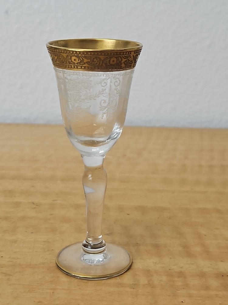 Vintage Gold Rim Etched Cordial Stem Glass 3 5/8