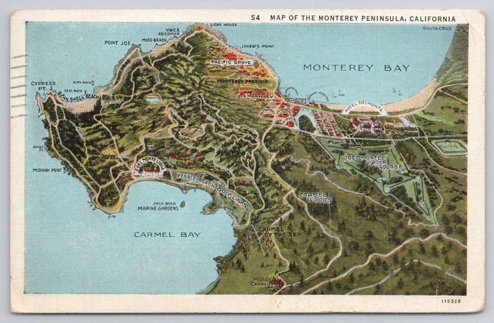 1941 Monterey Peninsula Map Postcard - Pacific Grove Carmel Pebble Beach CA