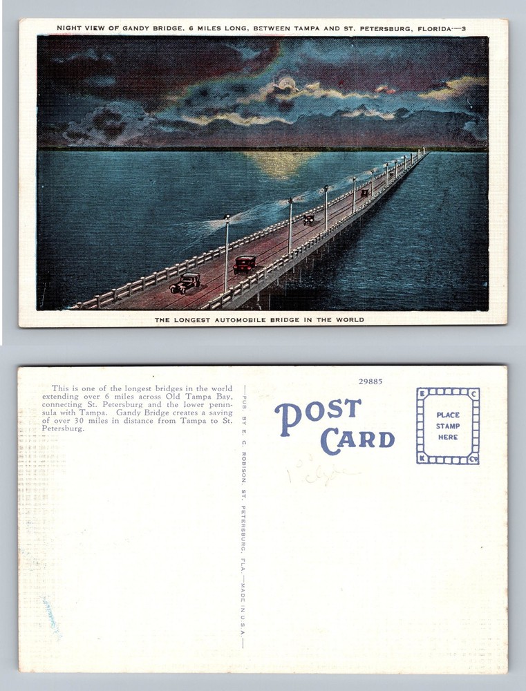Tampa, FL-Florida, Gandy Bridge Night View Souvenir Card, Vintage Postcard